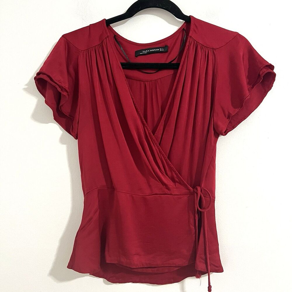 Zara Satin Wrap Blouse Size S Red Flutter Sleeve Business Office Cocktail Top